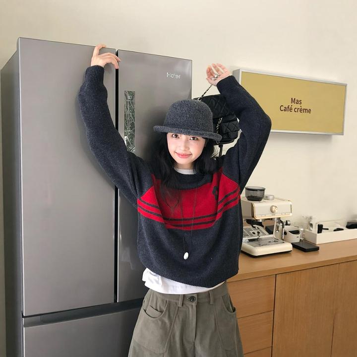 慵懒高级感灰色提花套头毛衣女秋冬季设计感小众宽松短款针织上衣