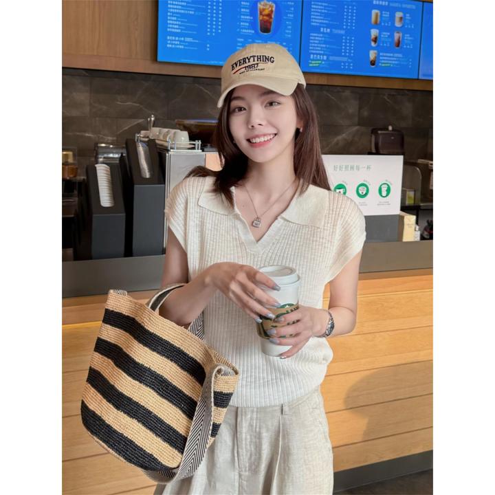 白色冰丝针织短袖POLO衫T恤女夏季超好看独特漂亮的短款翻领上衣