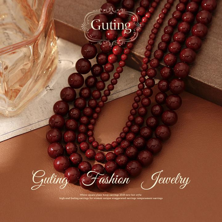 铜合金项链 6932红色珠珠项链轻奢小众叠戴毛衣链大气高档高级女