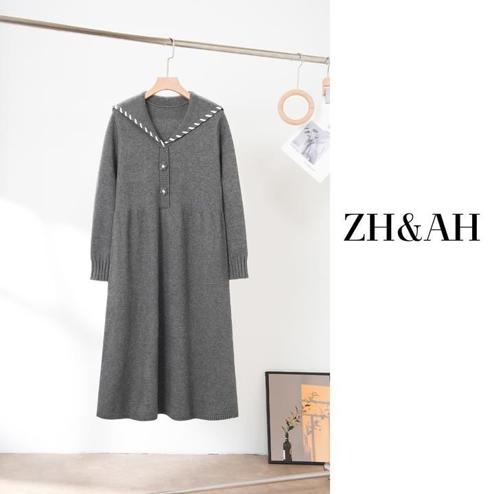 ZH&AH【北欧记事】冬季新款时尚气质百搭设计师款孕期海军领毛衣裙