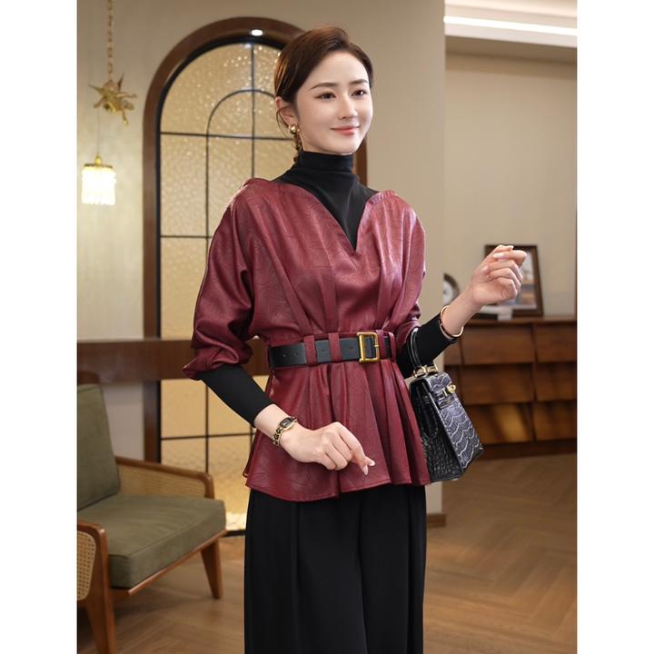2025年秋冬季新款【H24-Q191】气质时尚轻奢假两件酒红色衬衫上衣女