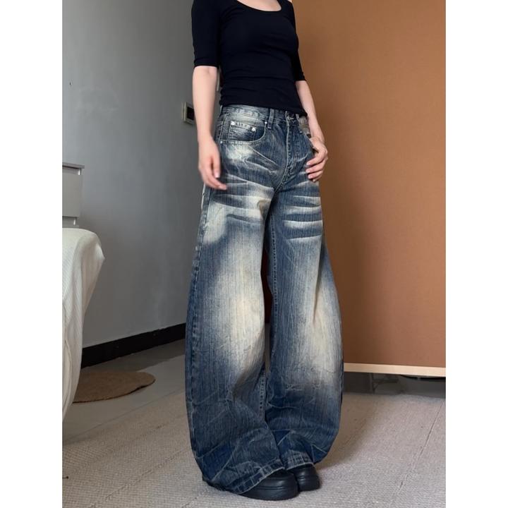 高个子加长美式复古水洗阔腿牛仔裤女秋冬新款高腰显瘦直筒拖地裤