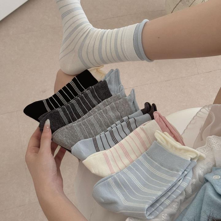 条纹袜子女士夏薄款白色堆堆中筒韩系ins风春秋冬堆堆卷边长筒袜