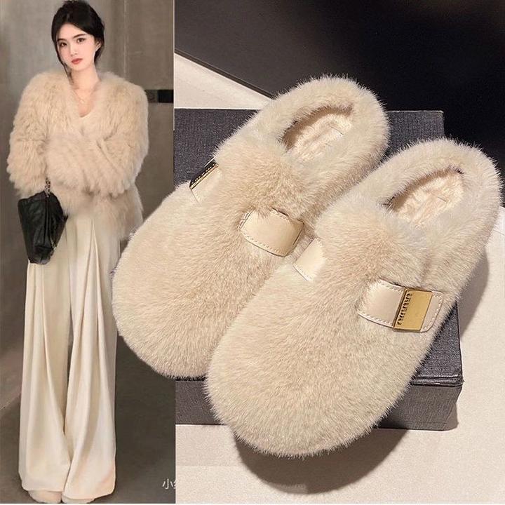 小众皮扣毛毛鞋拖鞋女鞋子外穿新款秋冬季覆古加绒棉鞋包头半拖鞋