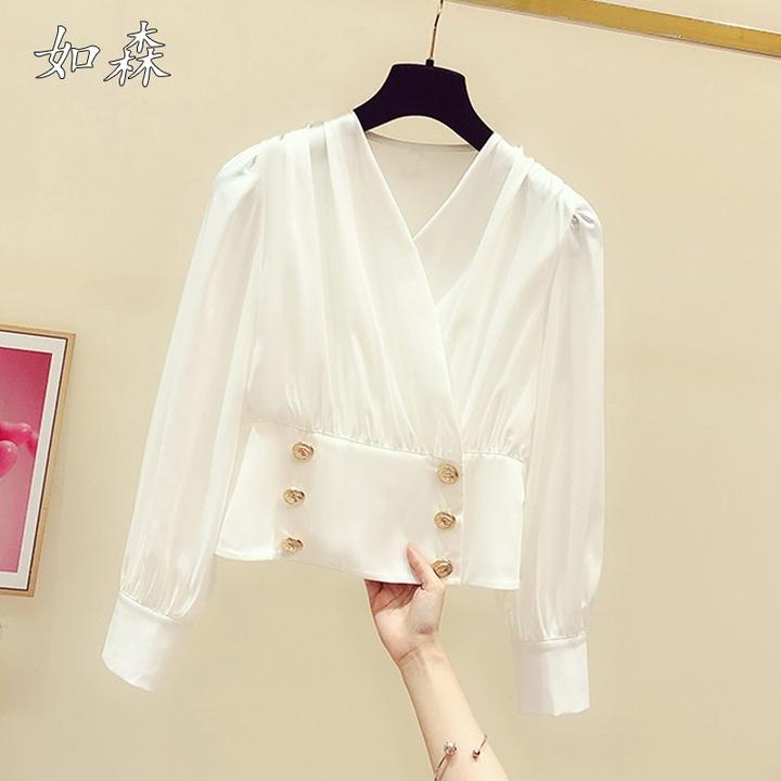 2025春秋新款韩版气质金属双排扣V领长袖收腰雪纺衬衫女显瘦衬衣