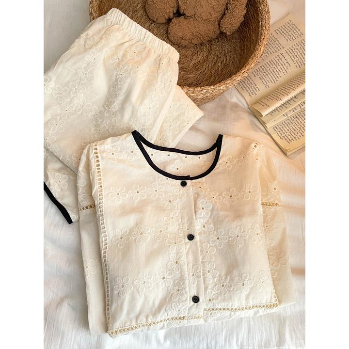 【纯欲小香风】高级感法式缕空睡衣女春秋2025新款少女家居服套装