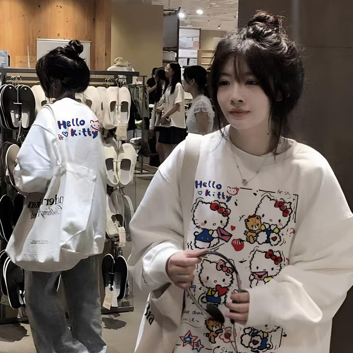 美式潮流漫画kitty猫圆领卫衣女秋冬印花新款设计感宽松慵懒感ins