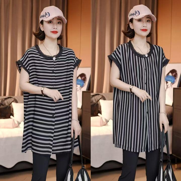 蕾丝边条纹拼接百搭T恤 韩版气质显瘦宽松时尚上洋气衣