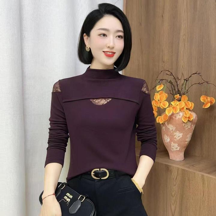 2025新品洋气T恤加绒保暖蕾丝拼接上衣女长袖89065