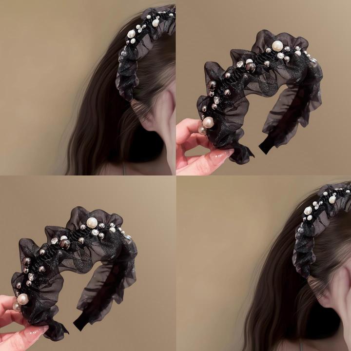 珍珠水钻网纱褶皱发箍女2025新款高颅顶显脸小宽边发箍感拎环