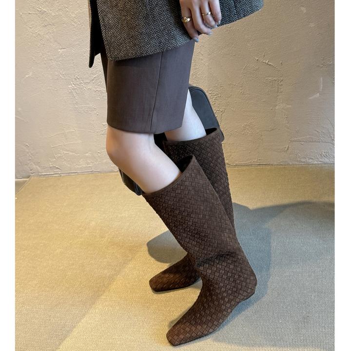 【奢品】2025秋冬新款~小众编织2cm低跟显瘦不过膝气质方头高筒长靴