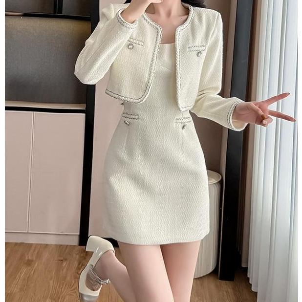 时尚名媛外穿连衣裙小洋装两件套小香风套装秋冬新款气质印染套装