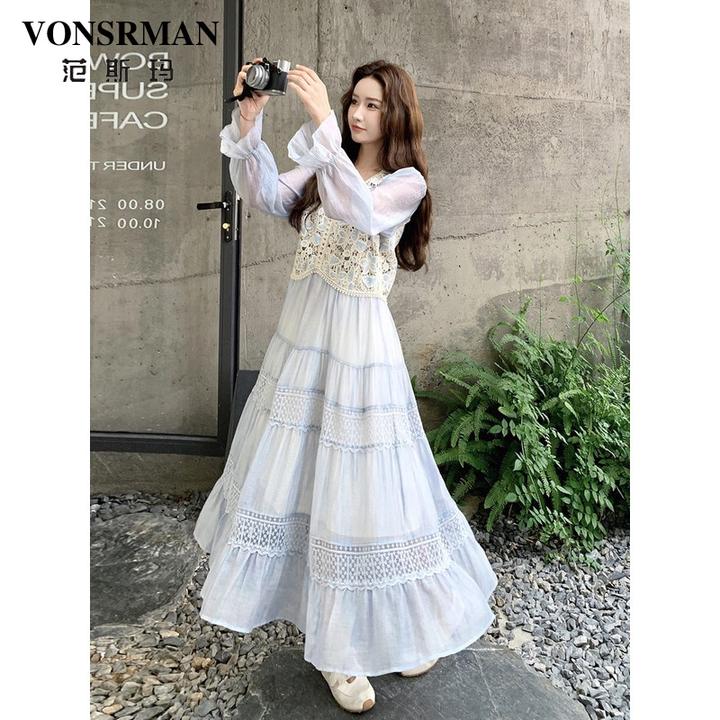 蓝色蕾丝拼接连衣裙2025新款秋季时尚森系高腰显瘦假两件气质长裙