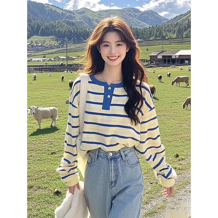 2025年早春新款韩系奶fufu半开扣撞色条纹长袖t恤女显瘦时尚上衣