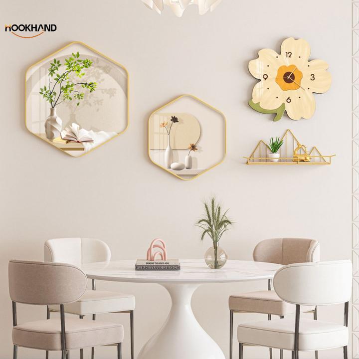 餐厅装饰画北欧小清新组合挂画创意花朵挂钟饭厅背景墙面六边壁画