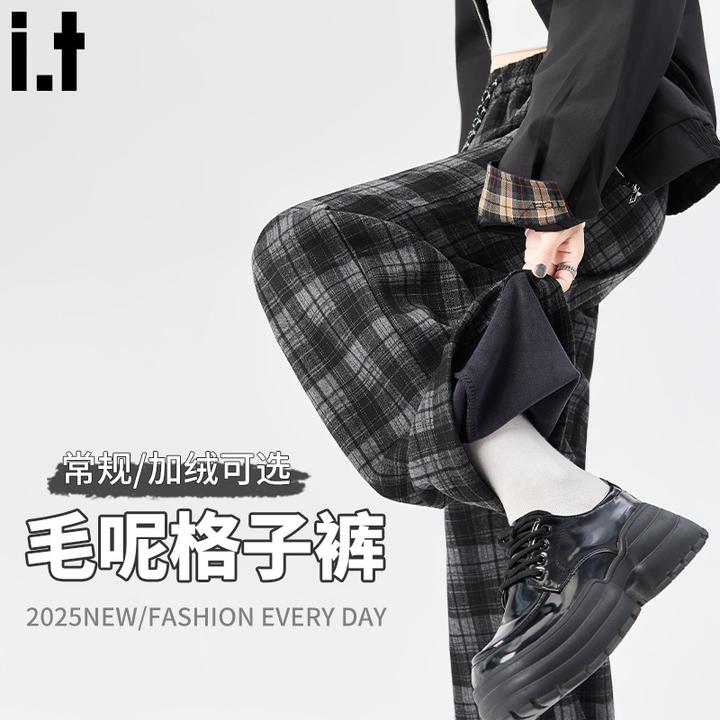 it:CHOCOOLATE复古毛呢格子裤女冬季新款加绒高腰垂感直筒阔腿裤