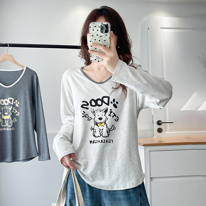 大码女装早秋新款时尚长袖T恤女宽松显瘦百搭胖mm洋气遮肉上衣潮