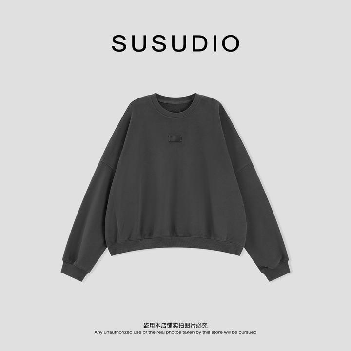 SUSUDIO 冬季胸前徽标立体加绒宽松休闲圆领卫衣 60068