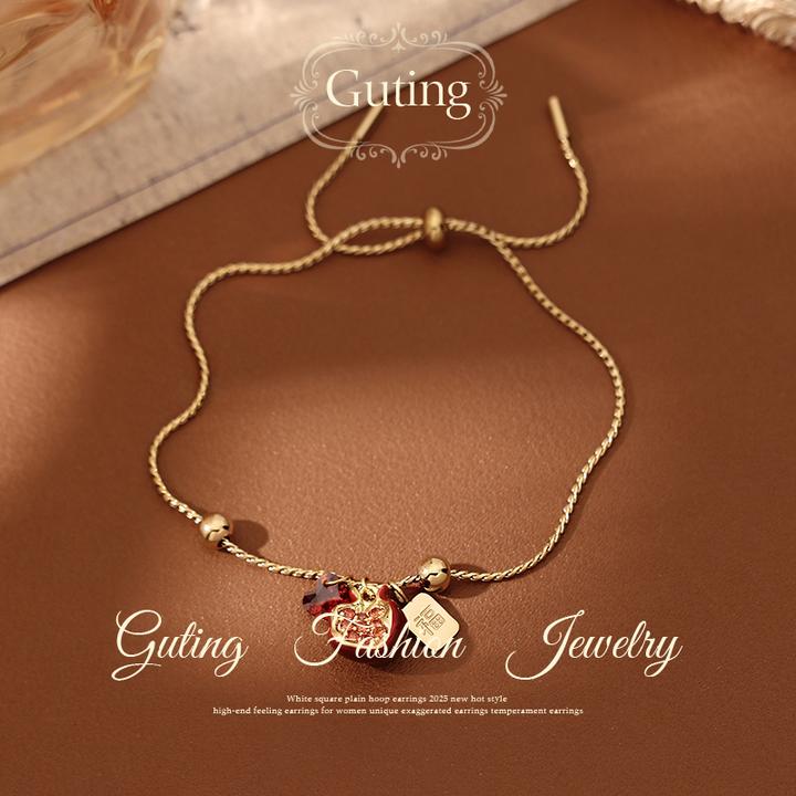 铜合金合成锆石手链 2861酒红色串珠爱心福牌手链女高级手饰品