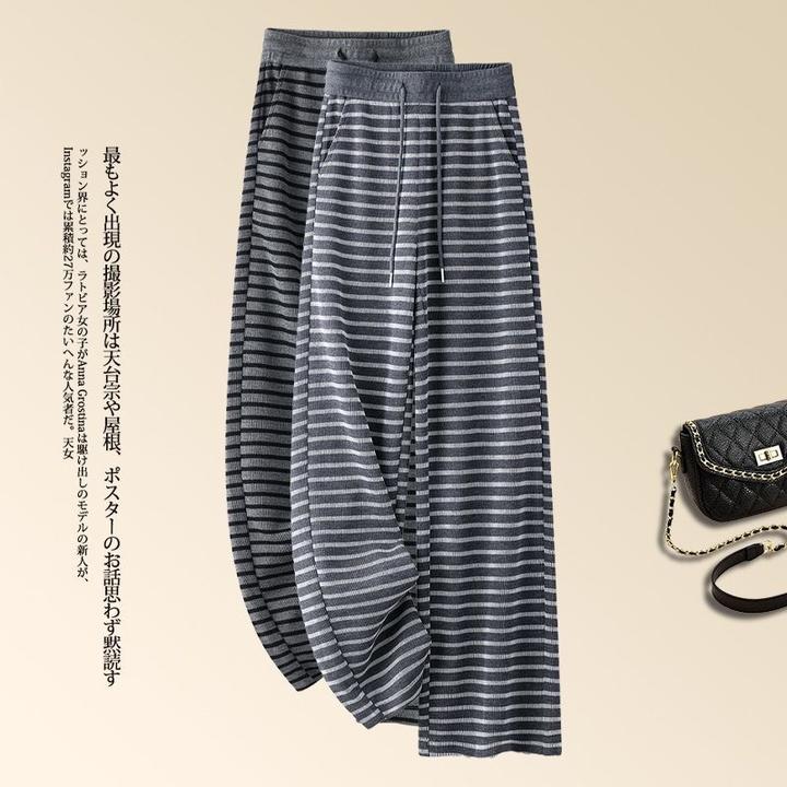韩版宽松条纹阔腿裤女秋季新款潮流高腰垂感显瘦洋气直筒拖地裤子