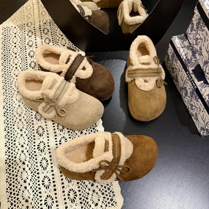 蝴蝶结刺绣勃肯鞋加绒内增高2025新款秋冬厚底全包毛毛棉鞋女鞋