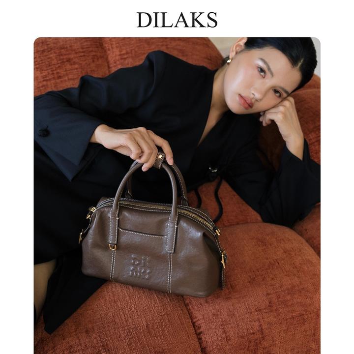 DILAKS植鞣牛皮真皮波士顿包保龄球包通勤女包斜挎手提包（达人）