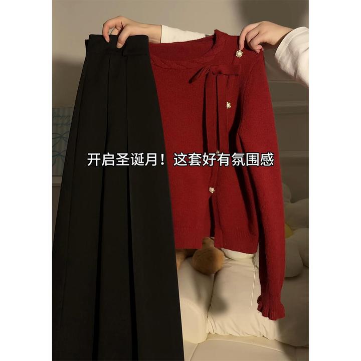 红色蝴蝶结套头毛衣女2026秋冬新款不规则上衣黑色半身裙两件套