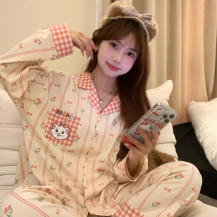 甜美可爱玛丽猫格子睡衣女春秋新款舒适亲肤大码家居服套装可外穿