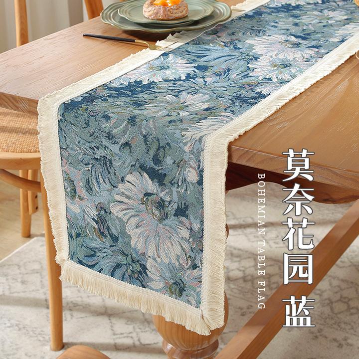 油画风复古高级日式仿棉麻编织茶旗简约可作床旗餐边柜装饰布桌旗