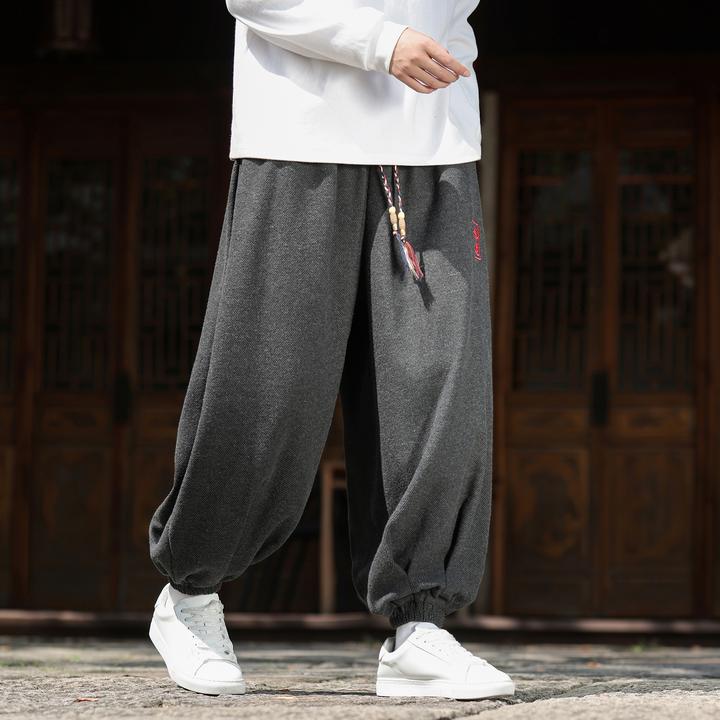 秋冬季中国风刺绣束脚哈伦裤男复古加厚毛呢长裤宽松高级感灯笼裤
