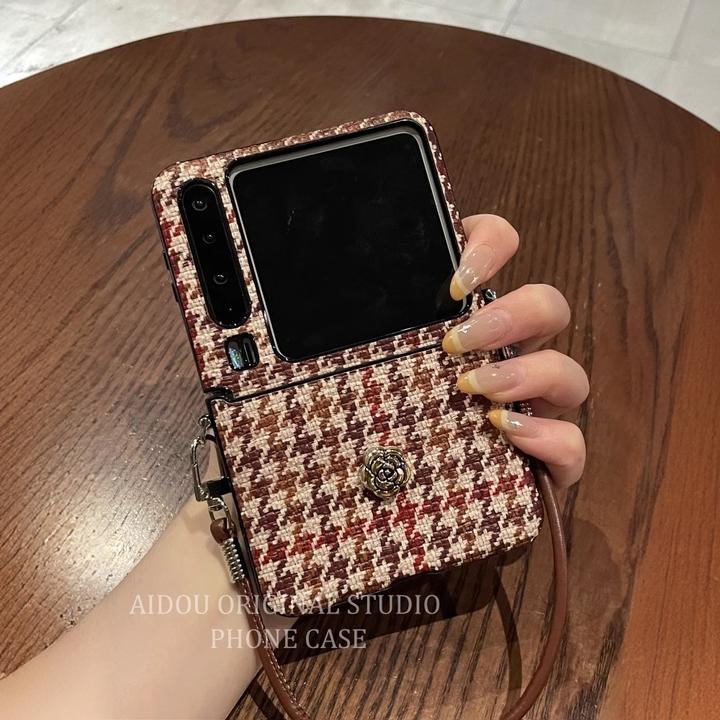 适用华为Pura X典藏版手机壳折叠屏红色千鸟格编织皮纹全包保护套