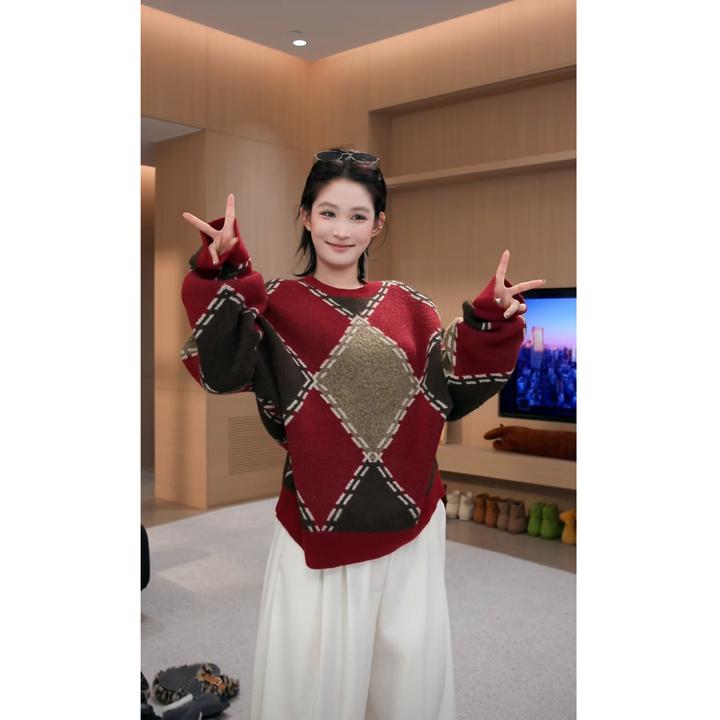 12/17【吴童自制】冬季厚款菱形撞色圆领毛衣女长袖针织衫上衣63096