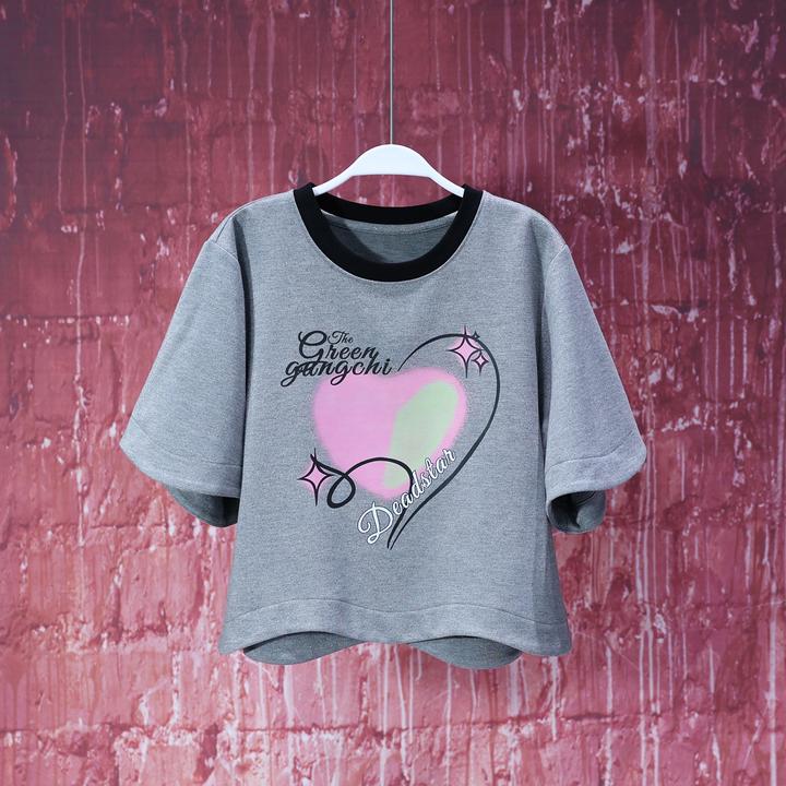 【韩哥女装】冰凉一夏《琴瑟》银灰色爱心印花时尚短款T恤6898A