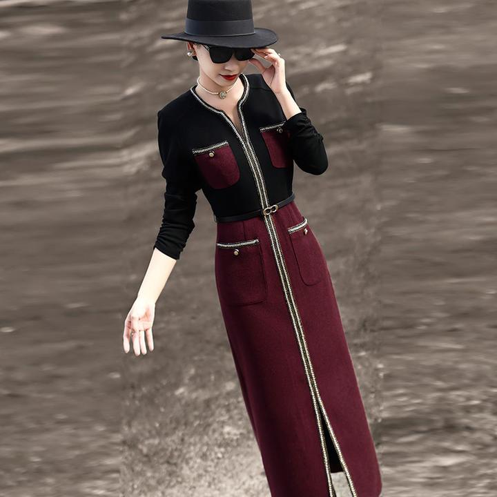 长袖秋季拼接修身女装连衣裙撞色秋季小香风针织休闲时尚长裙2912