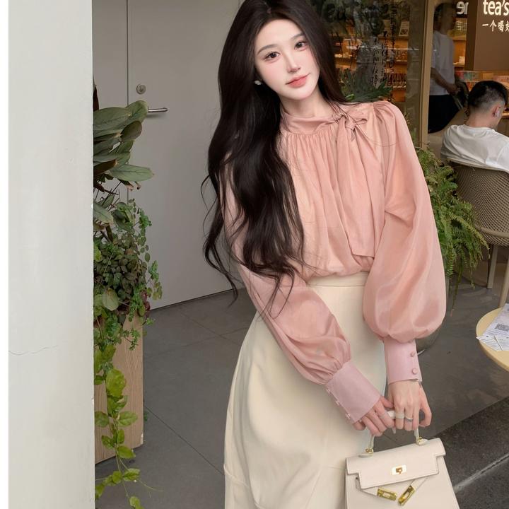 韩芸音实物实拍法式藕粉雪纺沙欧若风气质显瘦泡泡袖春夏时尚上衣