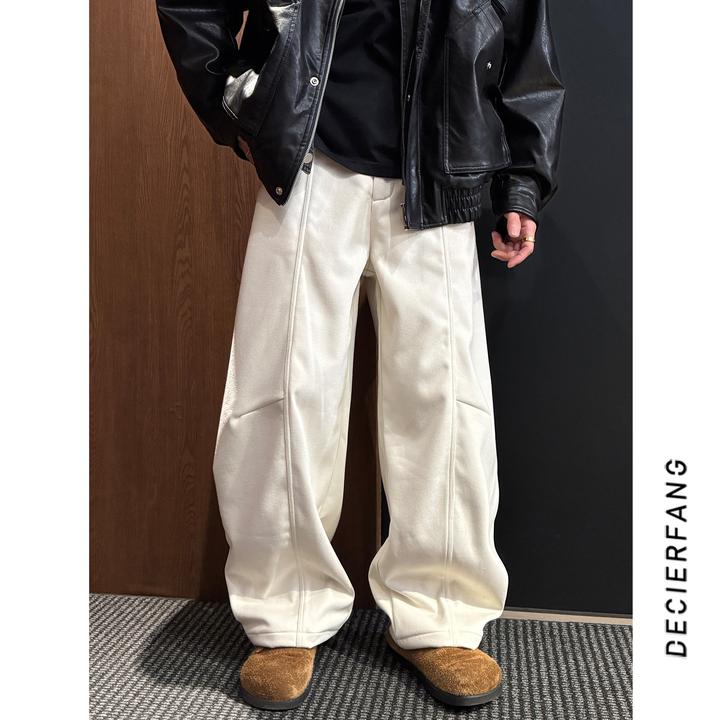 解构水洗工装牛仔裤男美式纯色简约一体绒休闲弯刀休闲裤