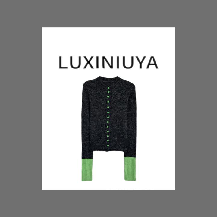 【LUXINIUYA】羊驼毛＋羊毛软糯灰色拼接长袖针织衫外套#QDS72928
