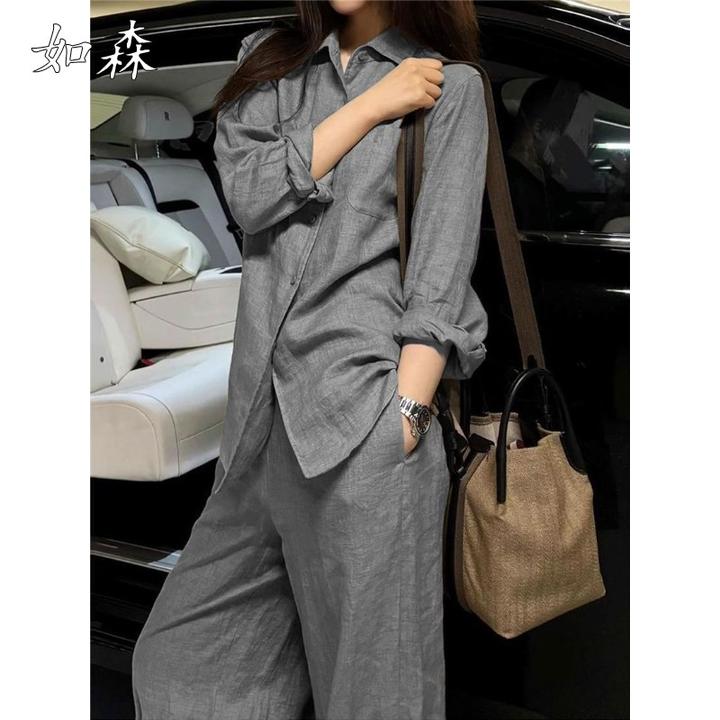 大方得体的穿搭2025年秋季梨型身材显瘦时尚衬衫阔腿裤两件套女