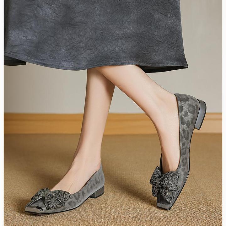 2025新款浅口方头豹纹蝴蝶结粗跟小香风单鞋舒适软底时髦百搭女鞋