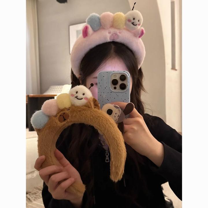 可爱毛毛虫毛绒发箍彩色水豚卡通甜美彩色冬季洗脸敷面膜压发头箍