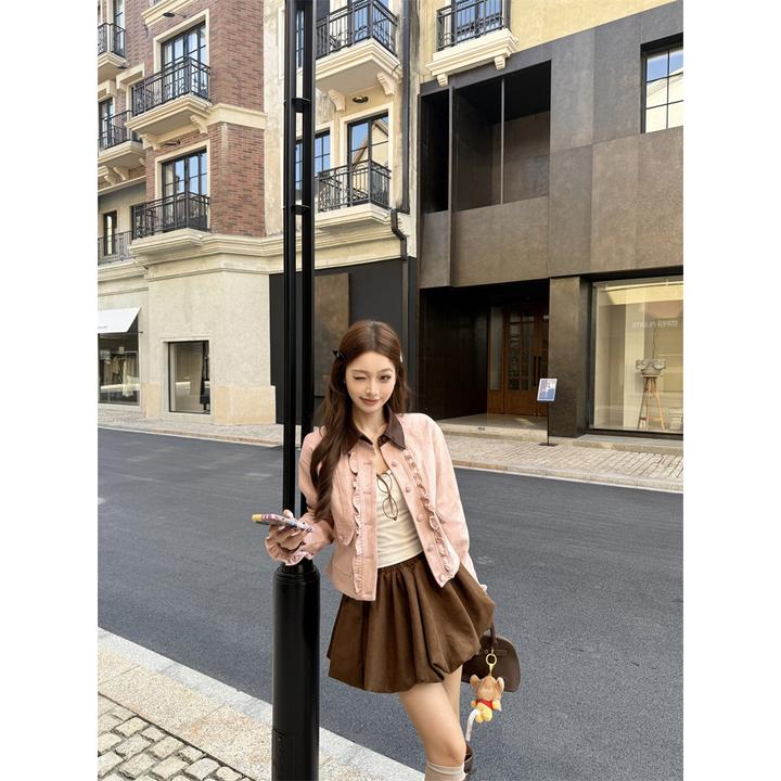 洋气衣服女实价~新款撞色翻领粉色鹿皮绒MIU系宽松外套+百搭蓬蓬