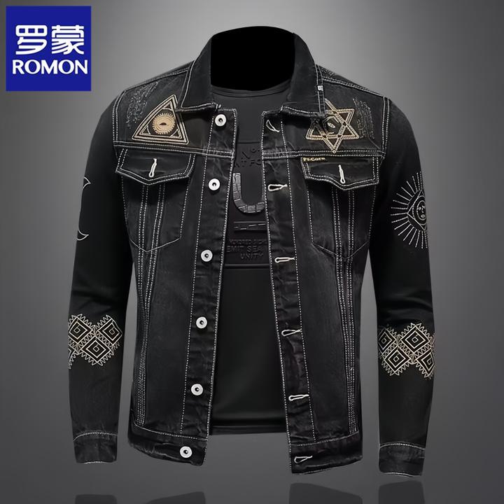 罗蒙轻奢欧货男士潮流牛仔外套复古刺绣休闲牛仔夹克百搭韩版上衣