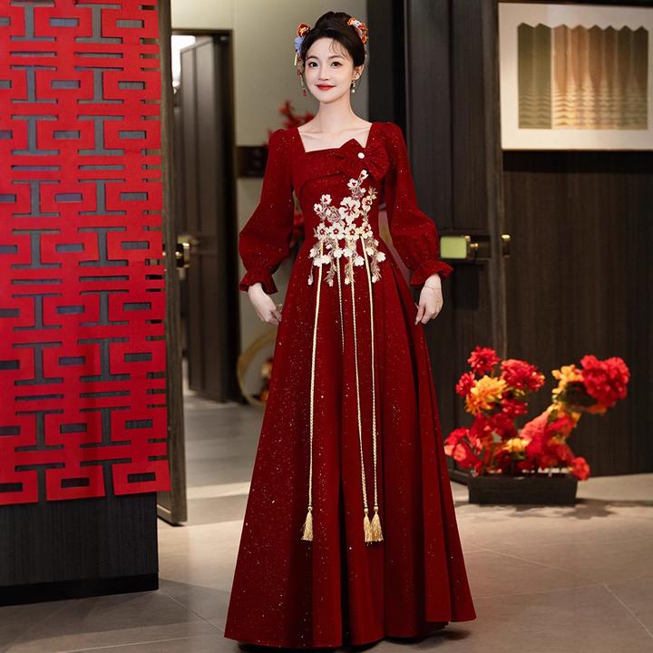 订婚礼服女秋冬敬酒服大码晨袍新娘新款长袖结婚便装回门新中式