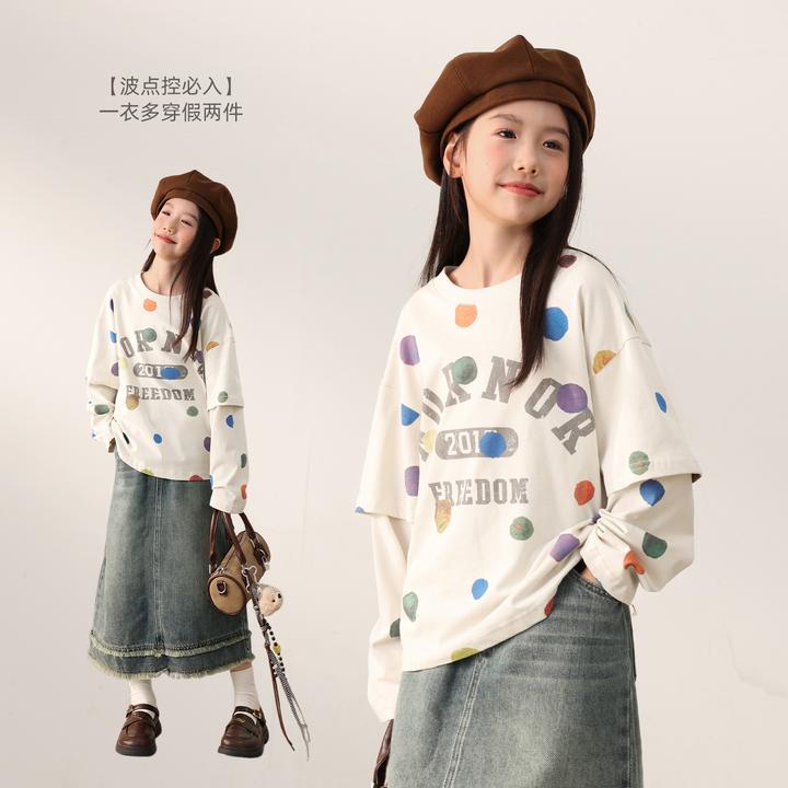 NORNOR陈大猪童装女童长袖t恤秋季新款波点风假两件上衣NL570116