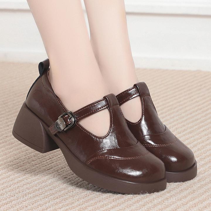 全牛皮厚款皮鞋女鞋纯色玛丽珍单鞋跟鞋增高粗跟高跟防滑圆头白色