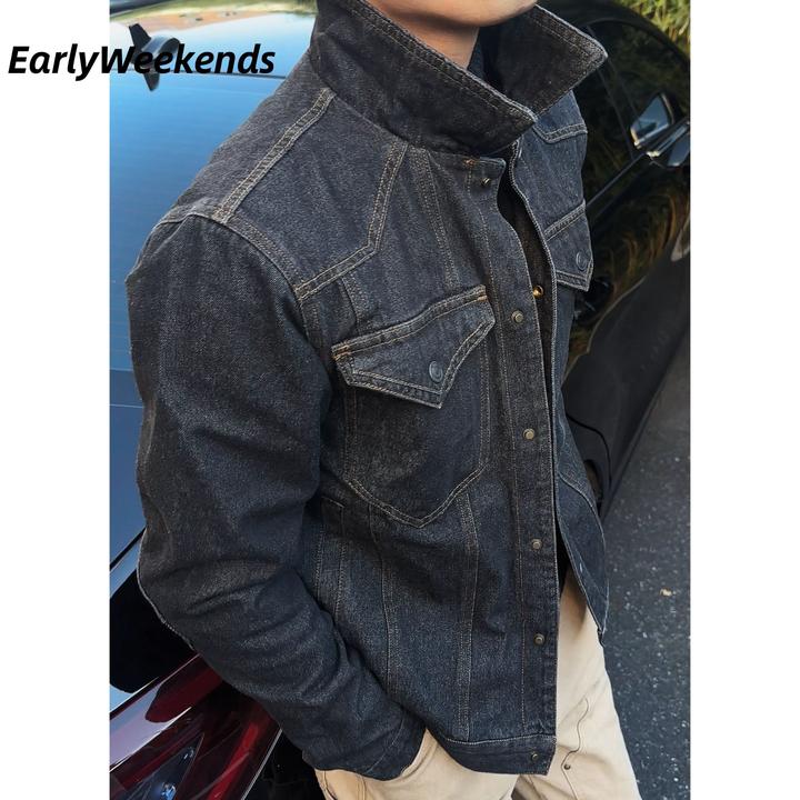 周末早起 美式工装复古水洗深色牛仔夹克阿美咔叽做旧外套上衣男