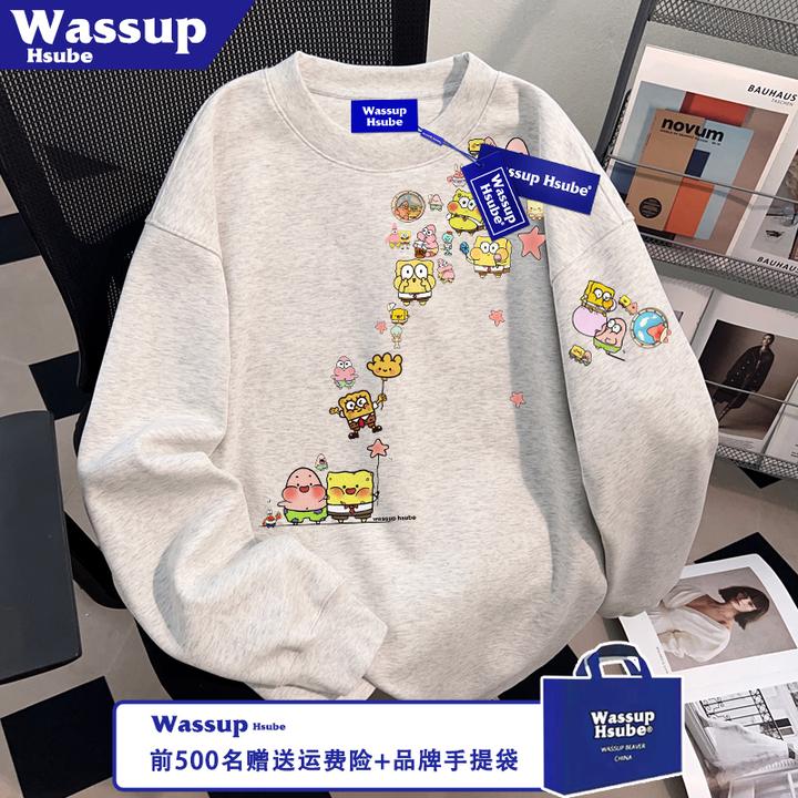 WASSUP HSUBE秋冬男女美式长袖100%纯棉T恤蜡笔小新印花白灰上衣