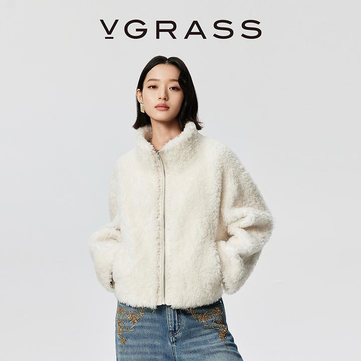 VGRASS泰迪风羊毛短外套25冬新款白色宽松落肩上衣女VSW3Q4388X