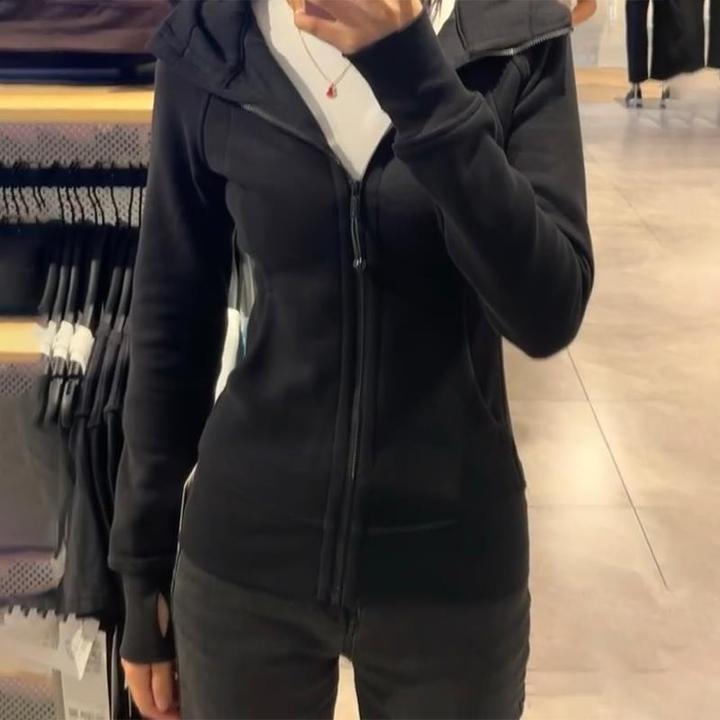 秋季外套女黑色卫衣春秋款2025新款修身运动短款连帽紧身瑜伽上衣