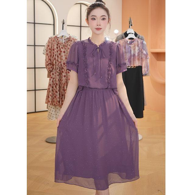 L367紫色连衣裙短款女夏季新款木耳领膝盖气质减龄收腰连衣裙子